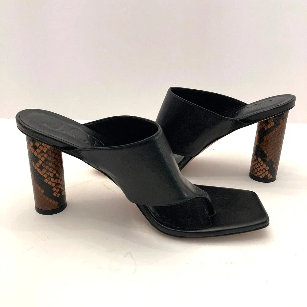 J. Crew Thong Sandals Open Toe High Heel Womens 9 Black Leather Snake‎ Print